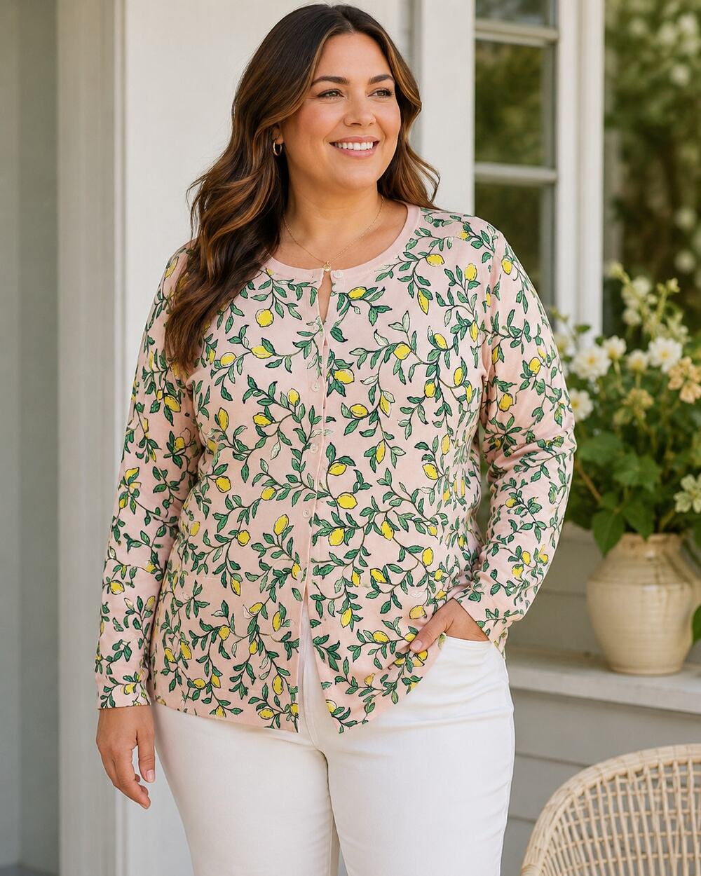 Lands' End SZ XL/18 Pink Cardigan Sweater With Lemons Art To Wear Cotton Plus